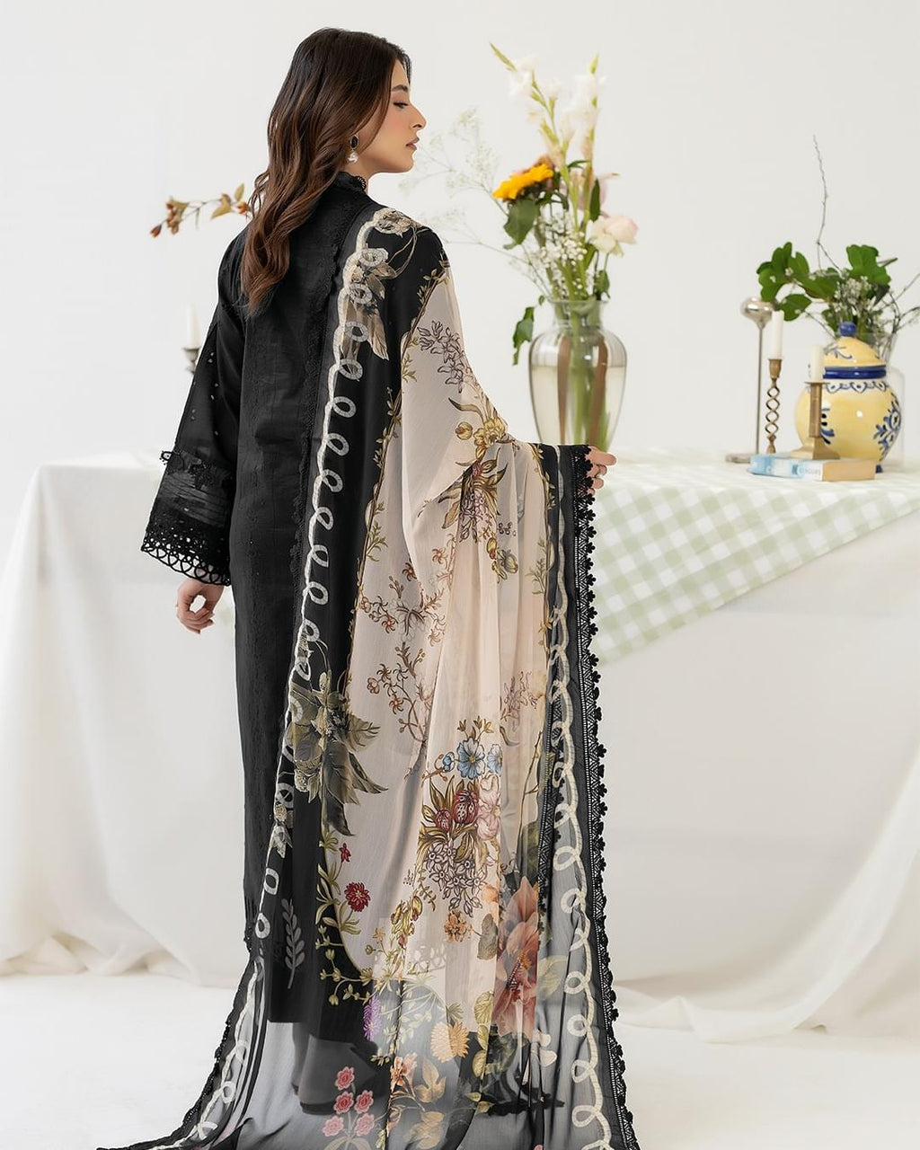 ZARYAN BRAND – Women's Premium Black Embroidered 3-Piece Lawn Suit with Printed Dupatta