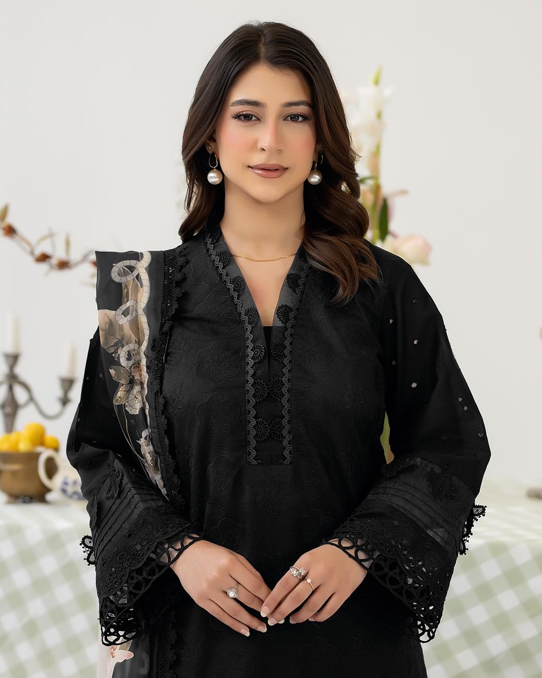 ZARYAN BRAND – Women's Premium Black Embroidered 3-Piece Lawn Suit with Printed Dupatta