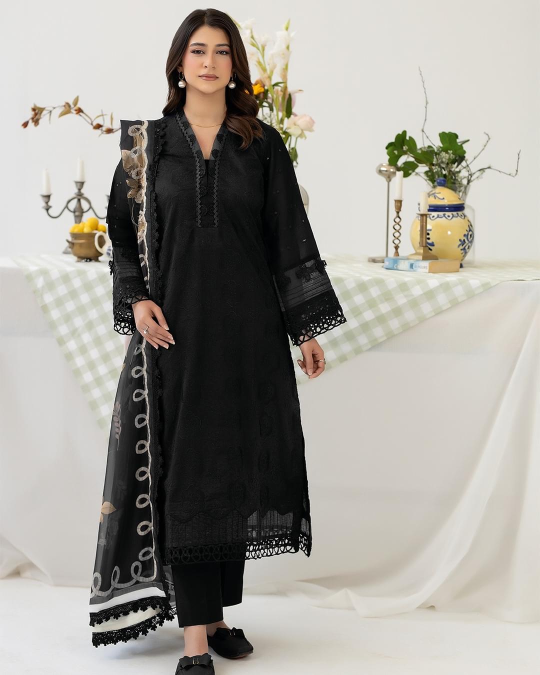 ZARYAN BRAND – Women's Premium Black Embroidered 3-Piece Lawn Suit with Printed Dupatta