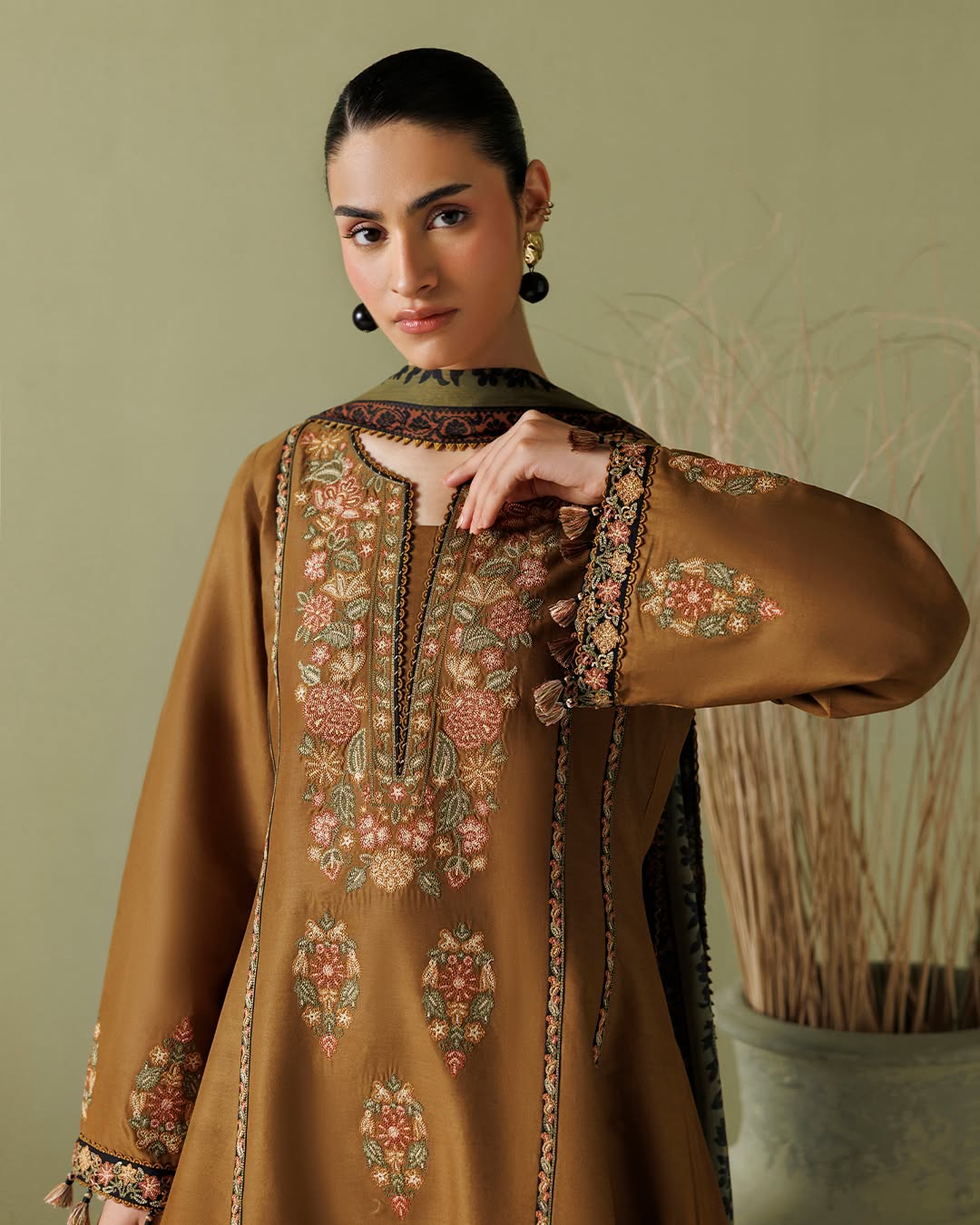 ZARYAN BRAND Women's Premium 3-Piece Embroidered Suit – Coffee Brown with Luxury Embroidered Dupatta