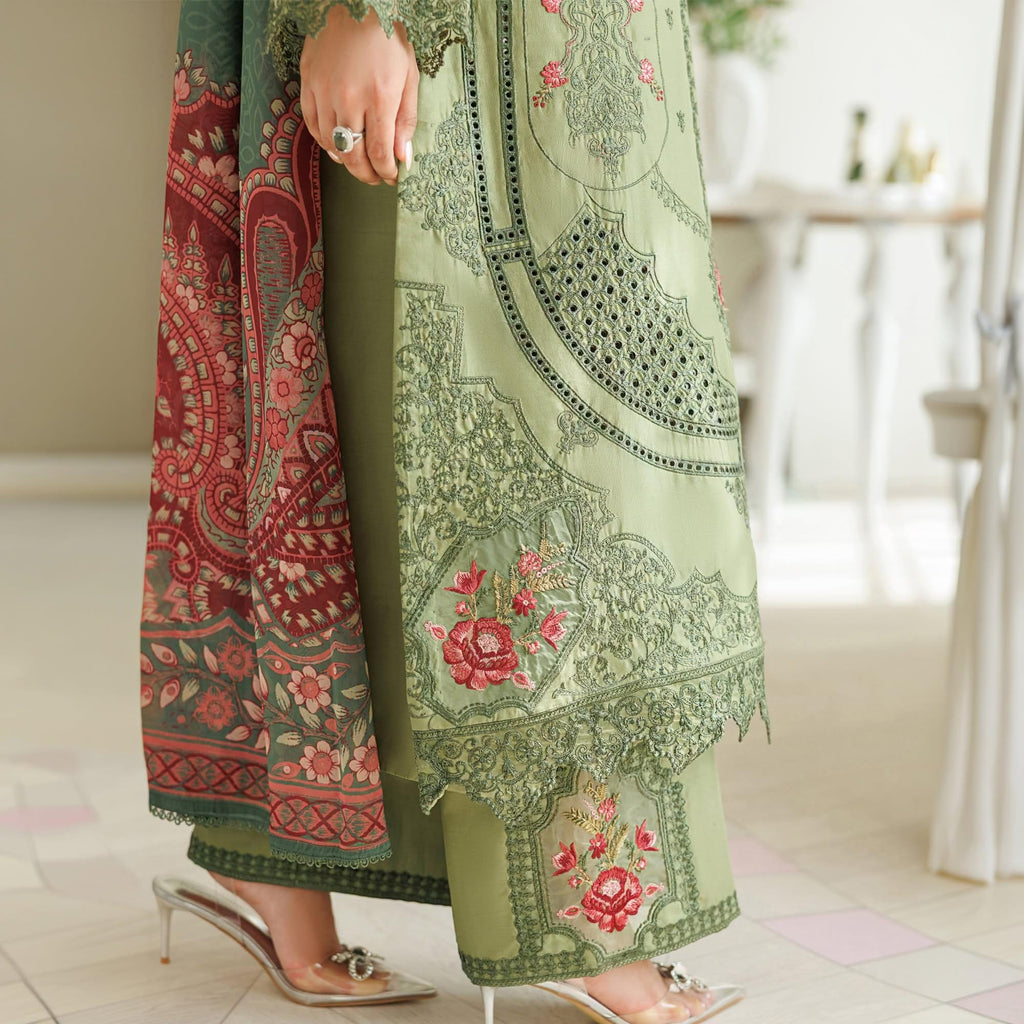 ZARYAN Brand Olive Green Printed & Embroidered 3-Piece Lawn Suit with Dupatta – Women's Premium Collection