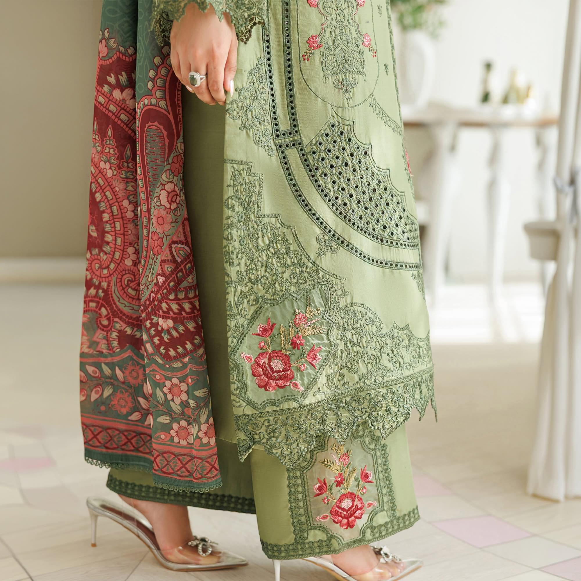 ZARYAN Brand Olive Green Printed & Embroidered 3-Piece Lawn Suit with Dupatta – Women's Premium Collection