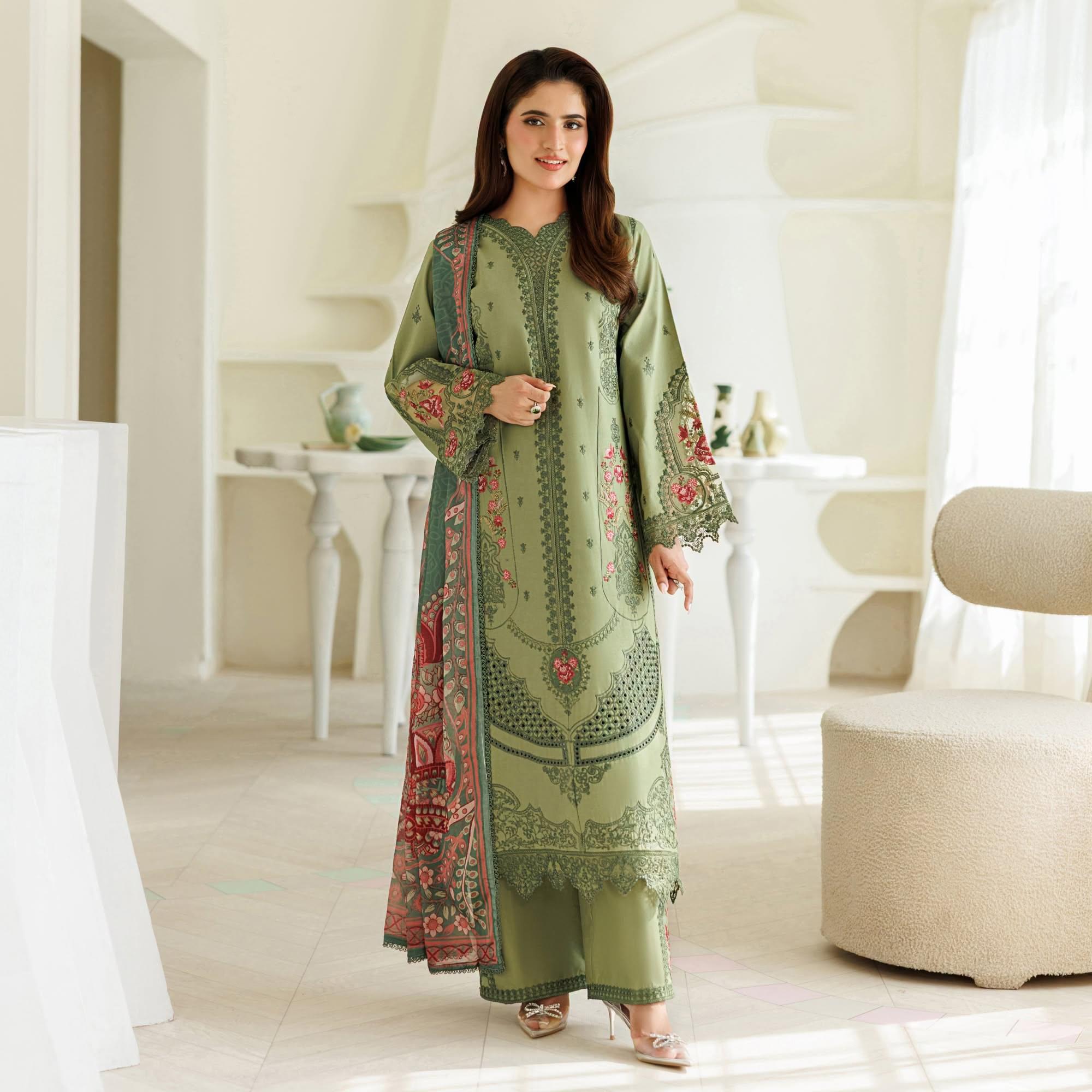 ZARYAN Brand Olive Green Printed & Embroidered 3-Piece Lawn Suit with Dupatta – Women's Premium Collection