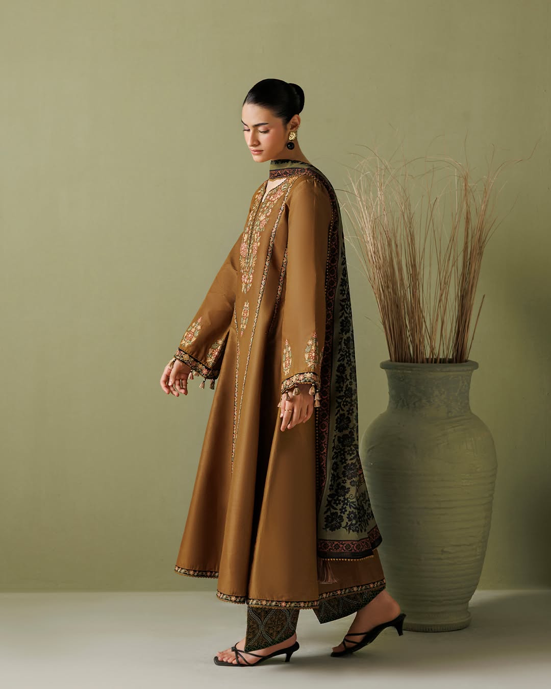 ZARYAN BRAND Women's Premium 3-Piece Embroidered Suit – Coffee Brown with Luxury Embroidered Dupatta