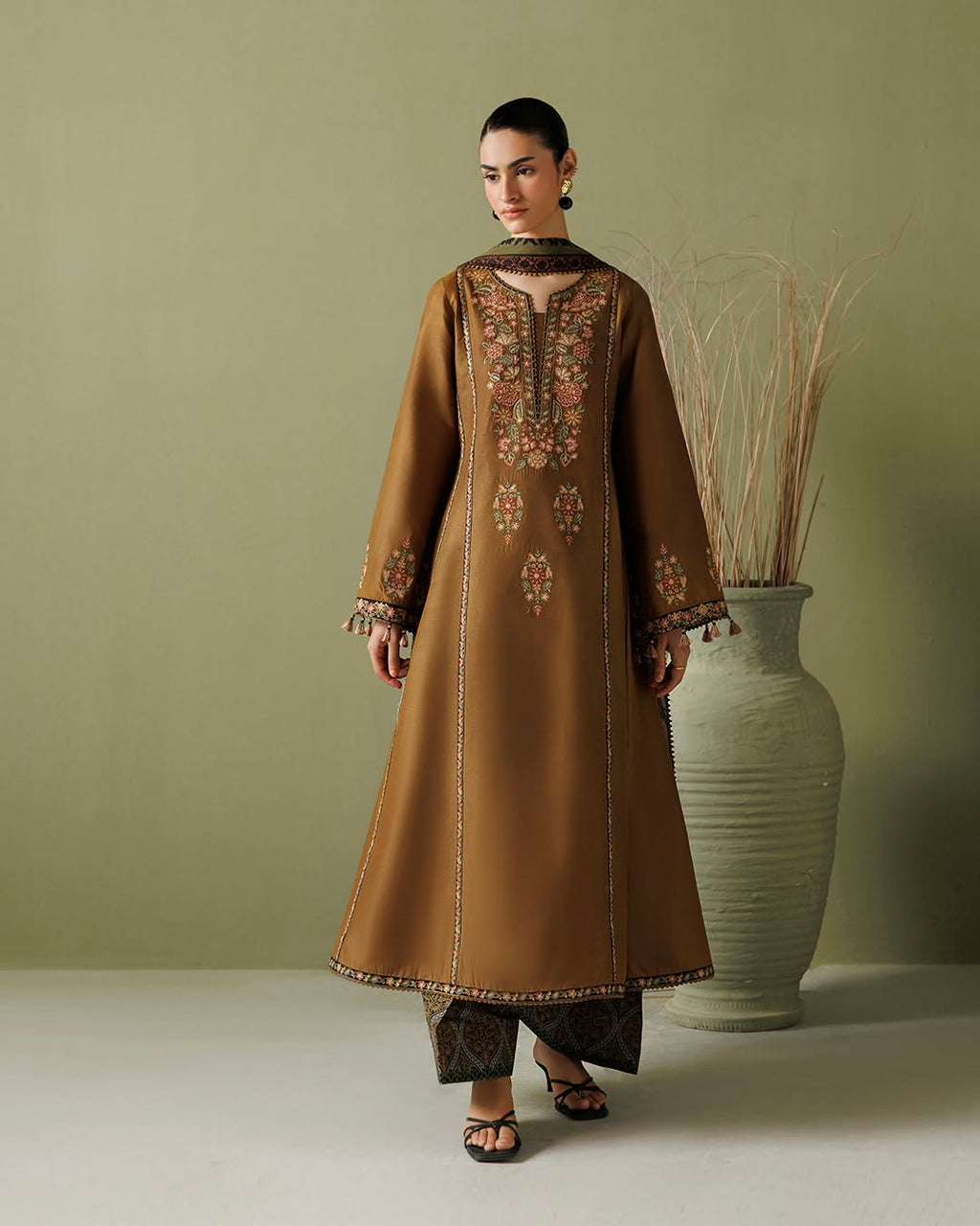 ZARYAN BRAND Women's Premium 3-Piece Embroidered Suit – Coffee Brown with Luxury Embroidered Dupatta