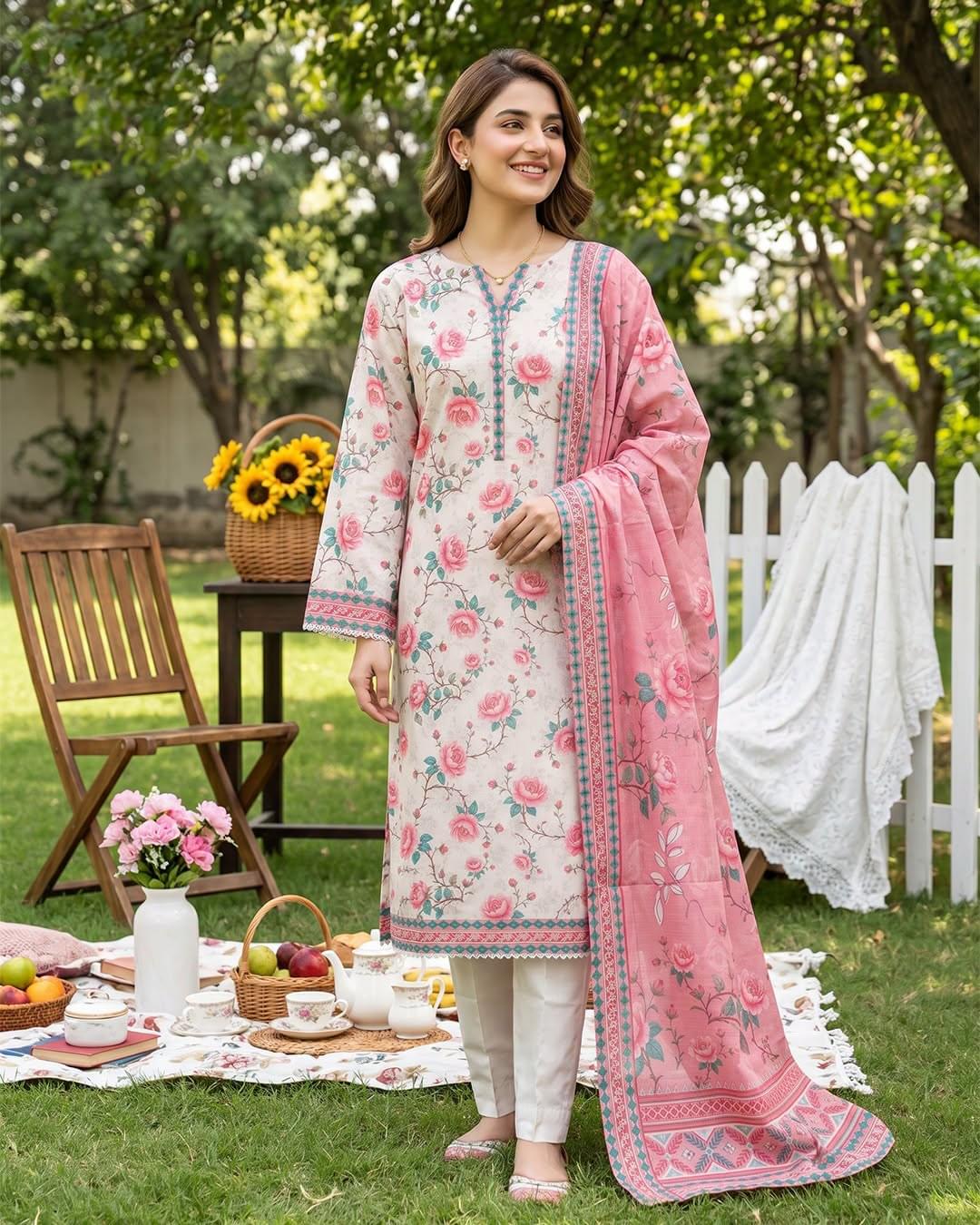 Women's Premium Floral Printed 3-Piece Lawn Suit with Pink Dupatta | ZARYAN BRAND