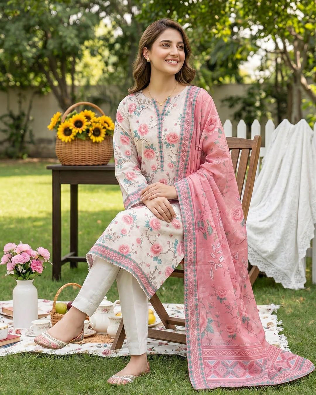 Women's Premium Floral Printed 3-Piece Lawn Suit with Pink Dupatta | ZARYAN BRAND
