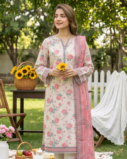Women's Premium Floral Printed 3-Piece Lawn Suit with Pink Dupatta | ZARYAN BRAND