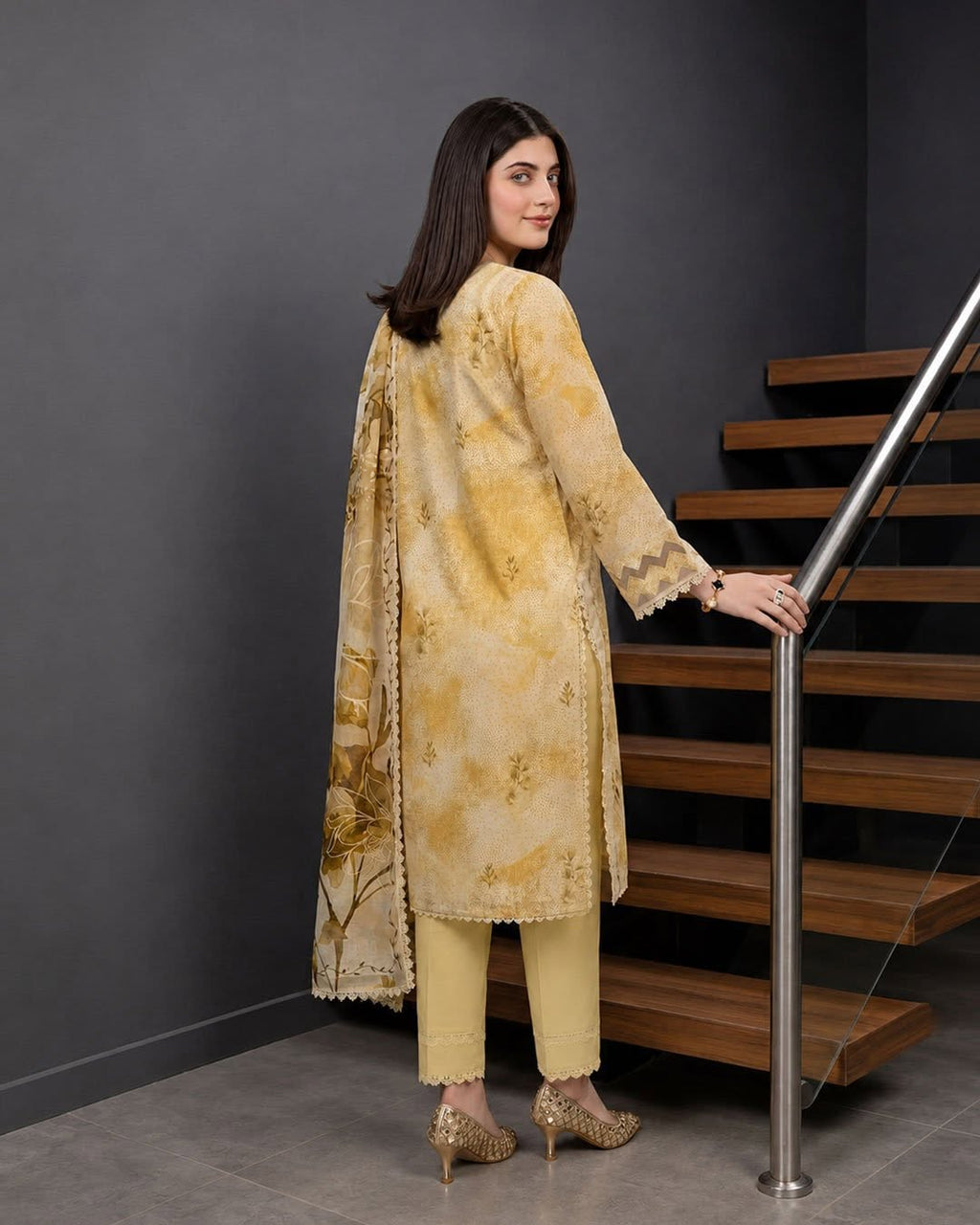 Women's Premium Beige Printed Lawn 3 Piece Suit with Embroidered Lace & Printed Dupatta | ZARYAN BRAND