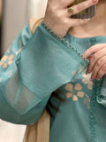 ZARYAN Brand Sky Blue Floral Printed Women's 3-Piece Shalwar Kameez Set with Chiffon Dupatta