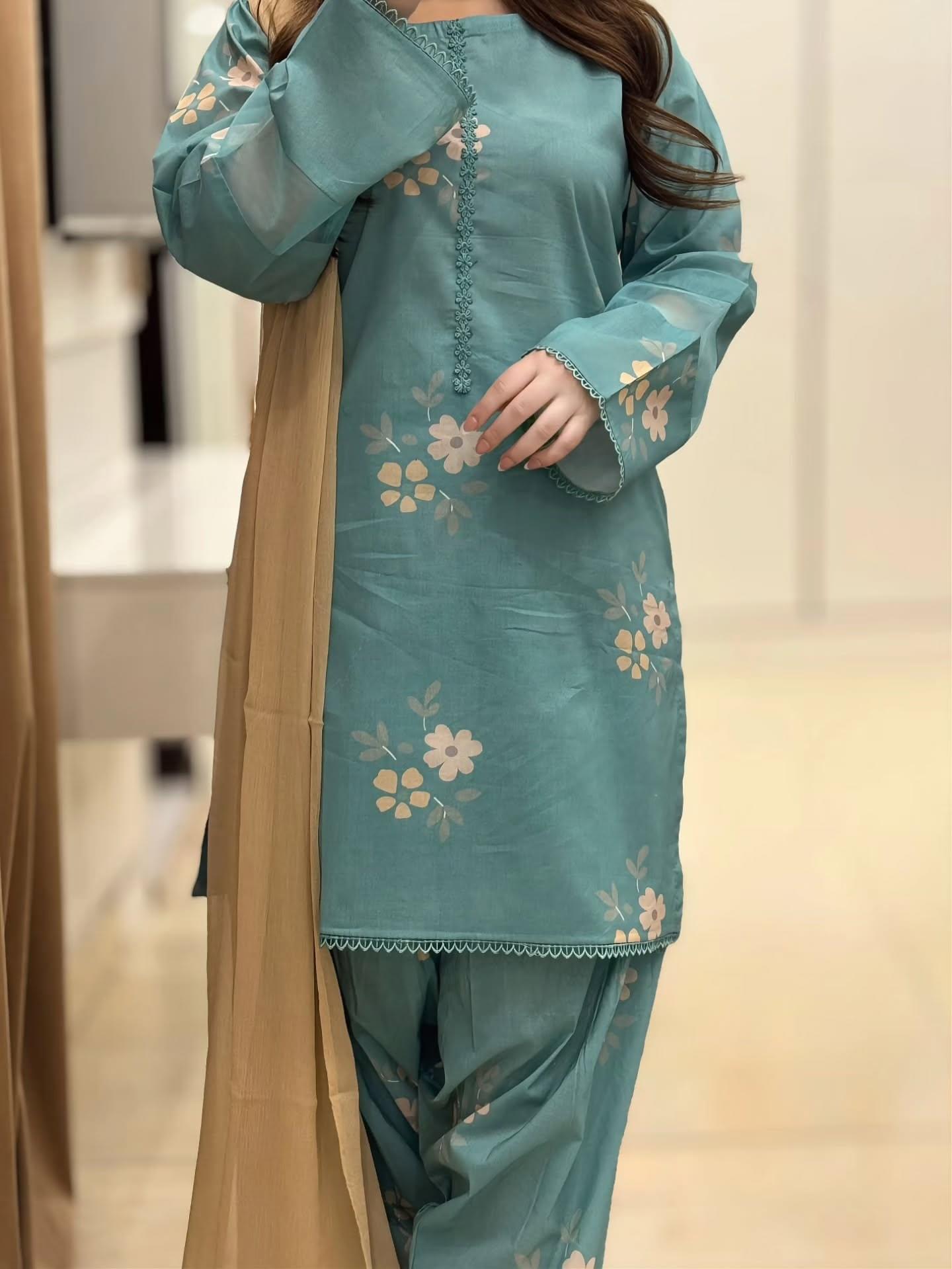 ZARYAN Brand Sky Blue Floral Printed Women's 3-Piece Shalwar Kameez Set with Chiffon Dupatta