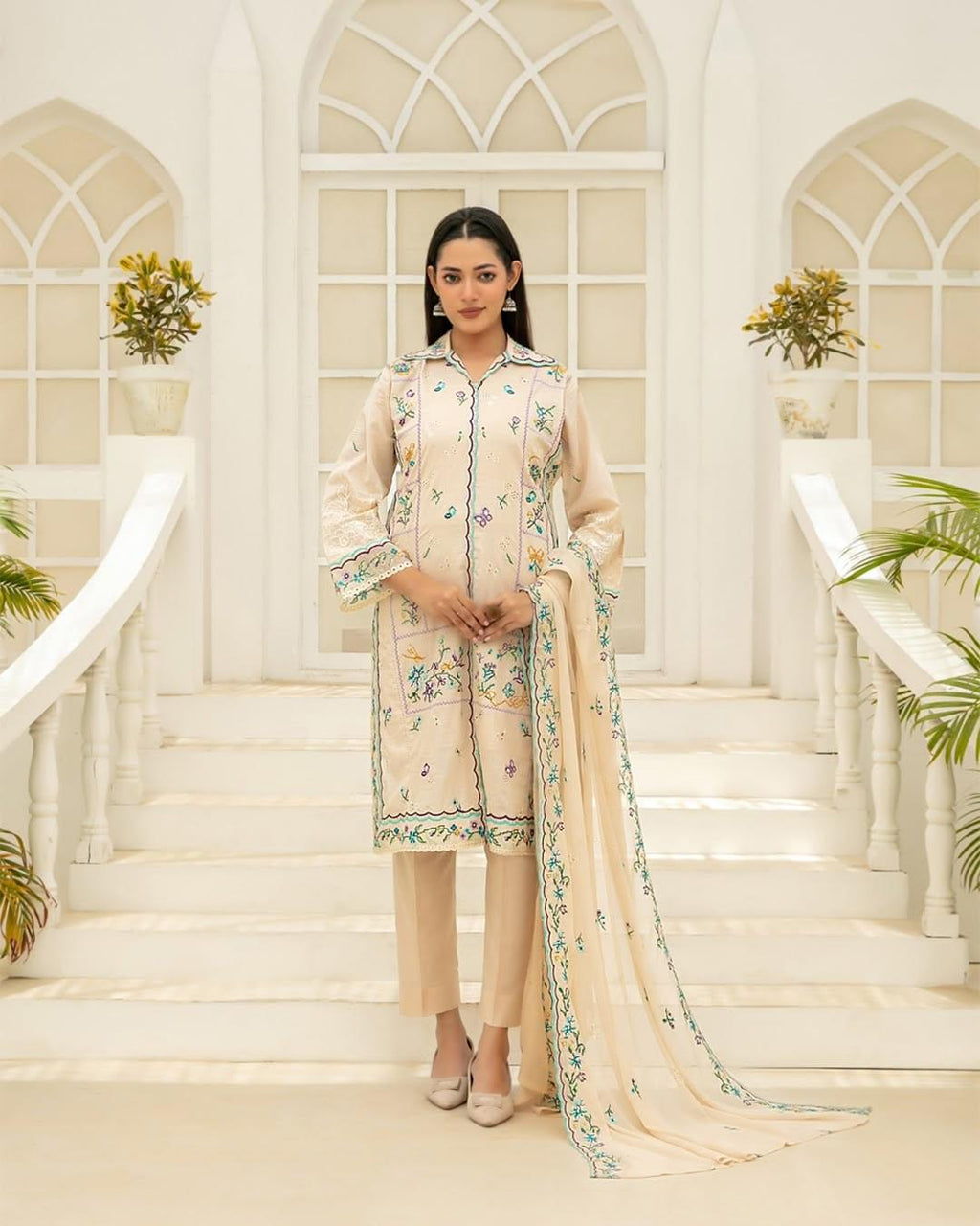 ZARYAN Brand Beige Embroidered 3-Piece Lawn Suit with Chiffon Dupatta – Women's Premium Collection