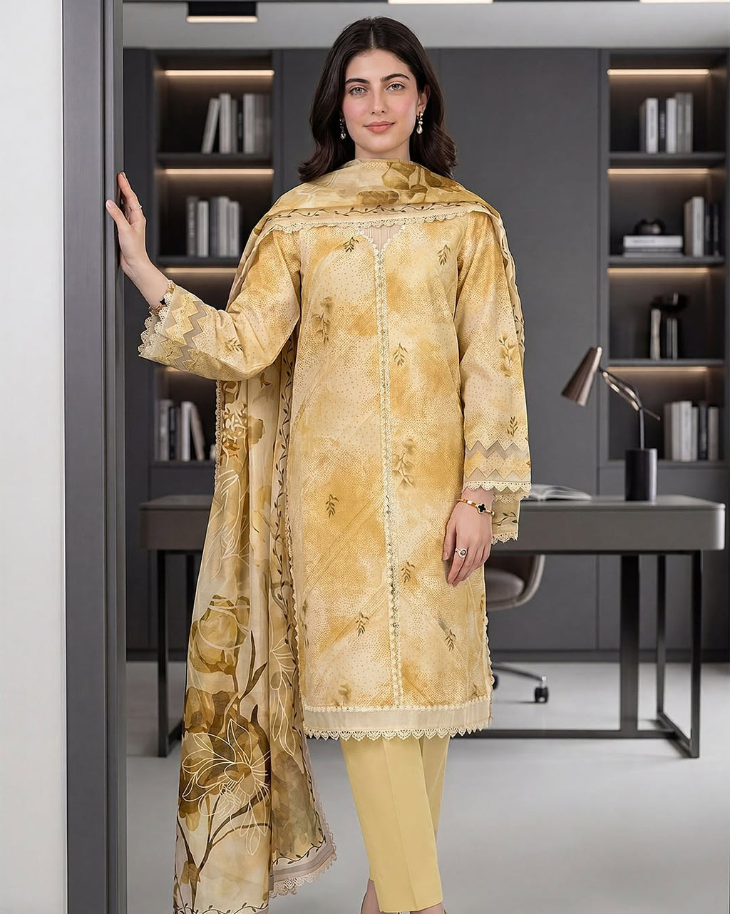 Women's Premium Beige Printed Lawn 3 Piece Suit with Embroidered Lace & Printed Dupatta | ZARYAN BRAND