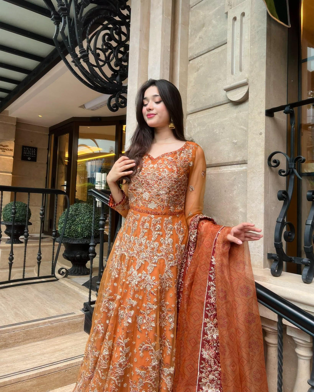 ZARYAN Brand Luxury Rust Orange Embroidered Maxi Dress with Dupatta – Women's Formal Wear