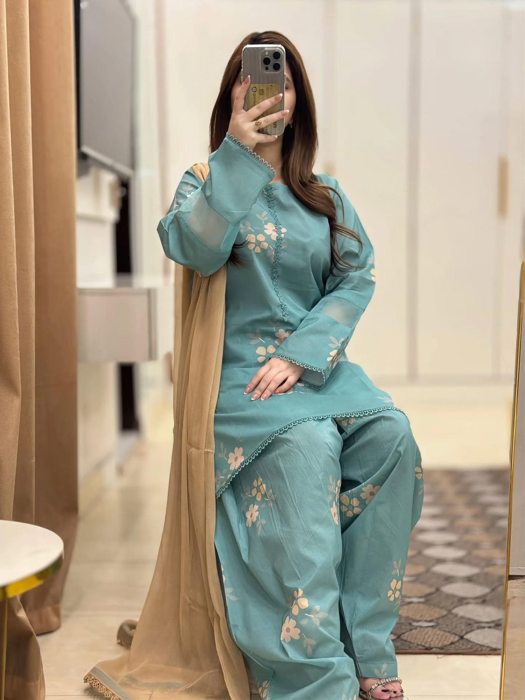 ZARYAN Brand Sky Blue Floral Printed Women's 3-Piece Shalwar Kameez Set with Chiffon Dupatta