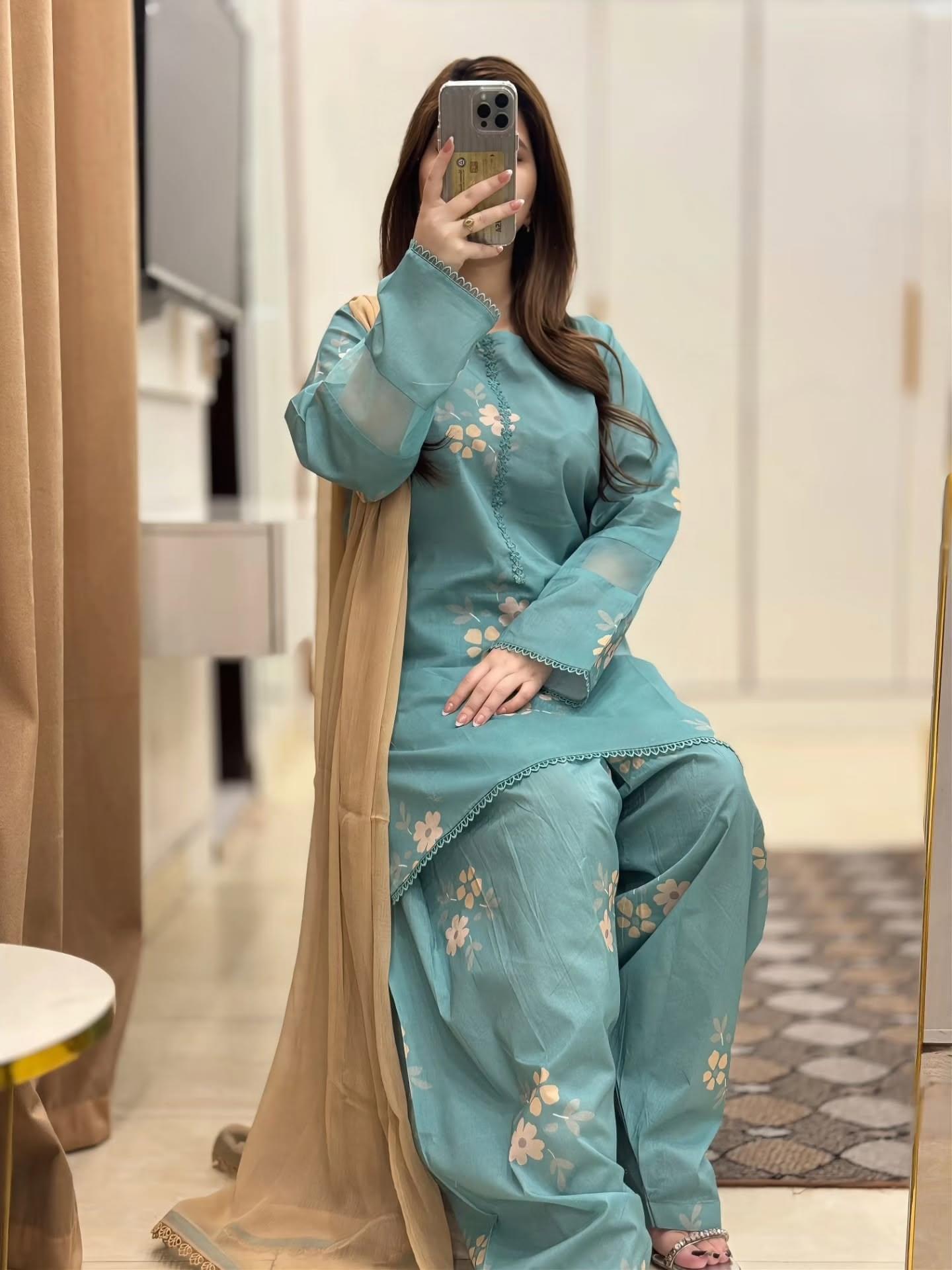 ZARYAN Brand Sky Blue Floral Printed Women's 3-Piece Shalwar Kameez Set with Chiffon Dupatta