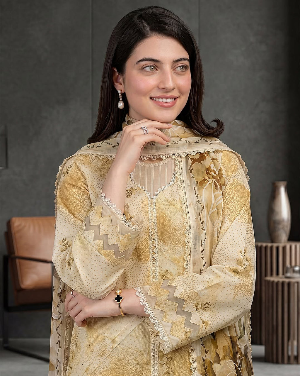 Women's Premium Beige Printed Lawn 3 Piece Suit with Embroidered Lace & Printed Dupatta | ZARYAN BRAND