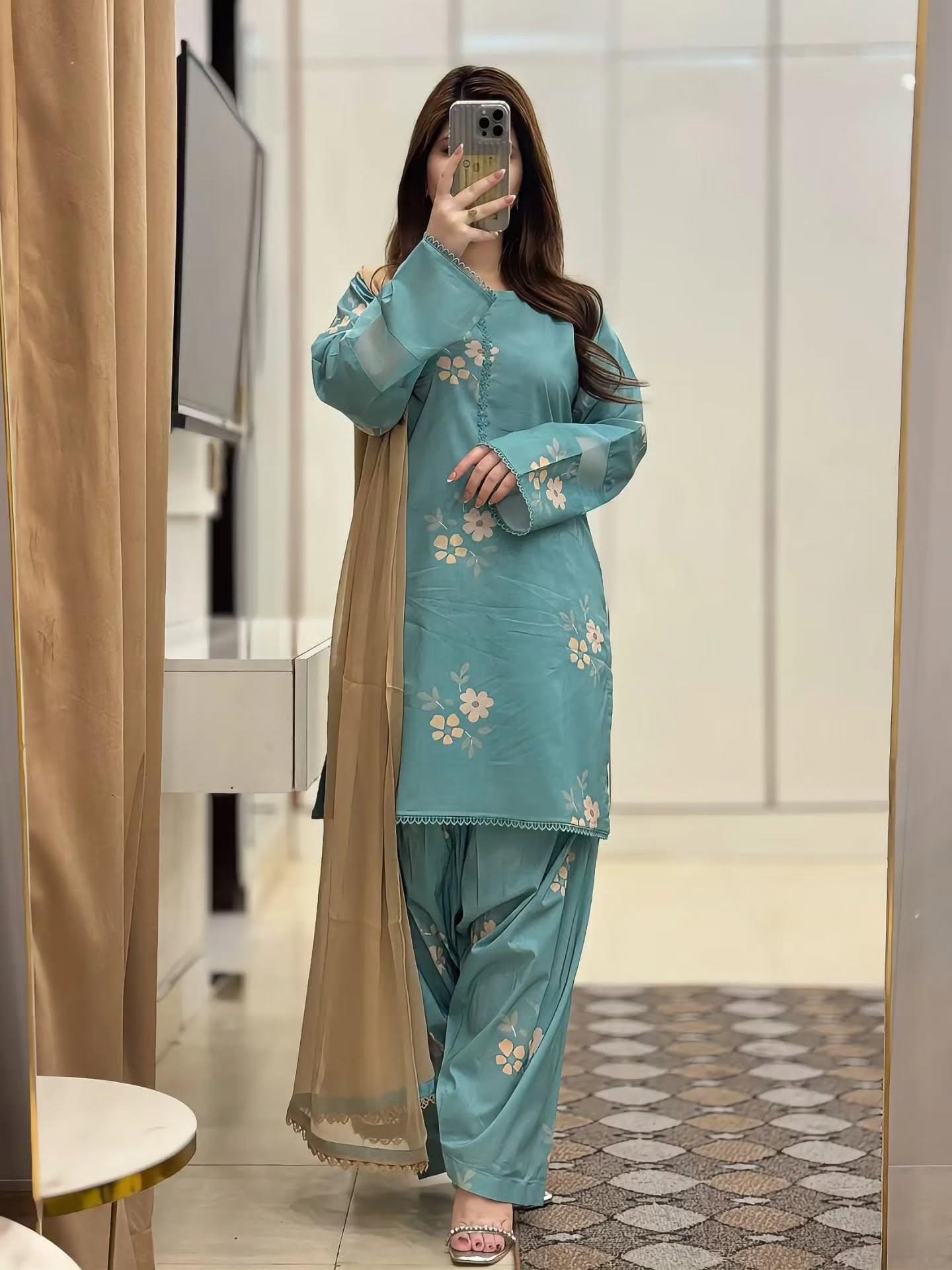 ZARYAN Brand Sky Blue Floral Printed Women's 3-Piece Shalwar Kameez Set with Chiffon Dupatta