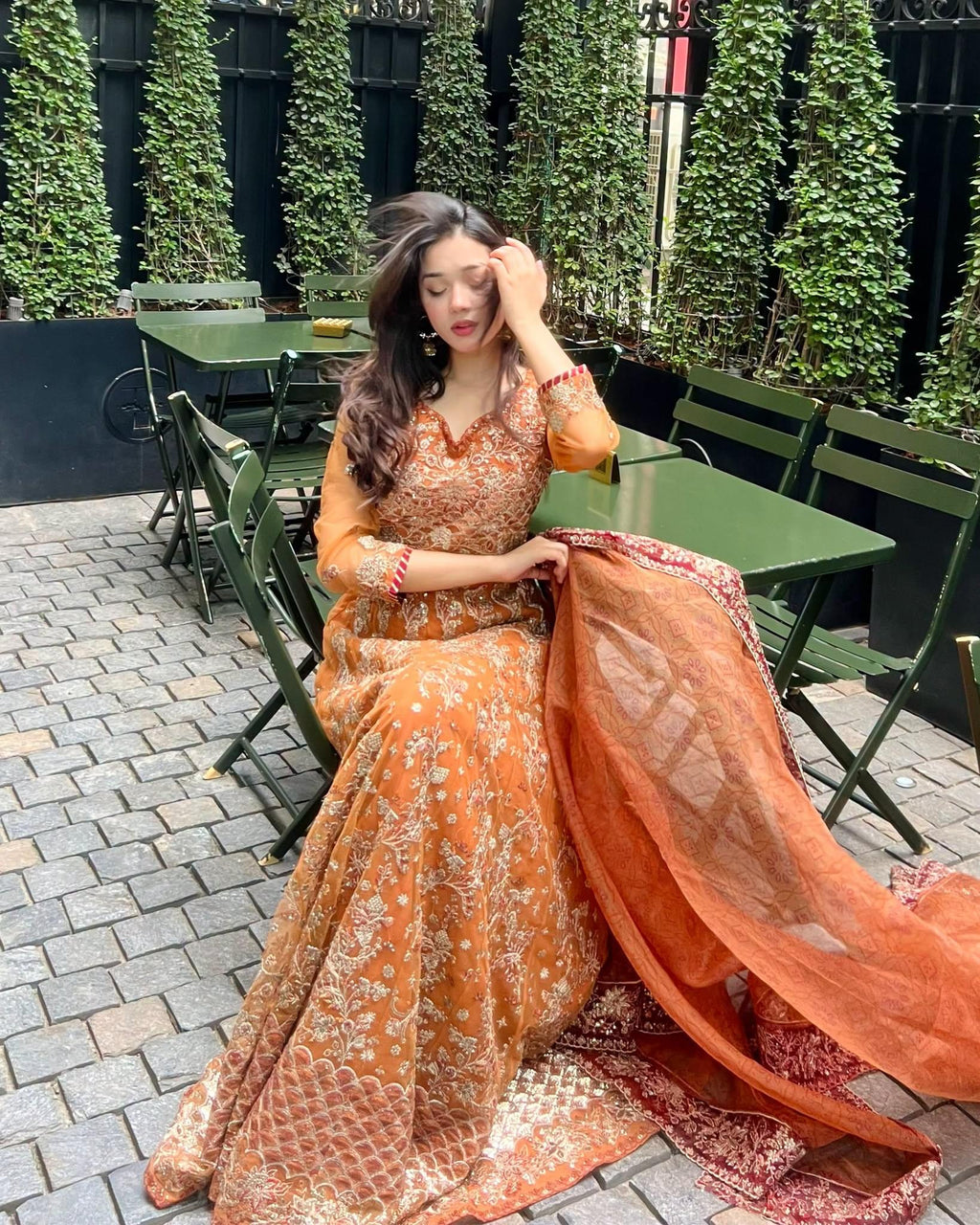 ZARYAN Brand Luxury Rust Orange Embroidered Maxi Dress with Dupatta – Women's Formal Wear