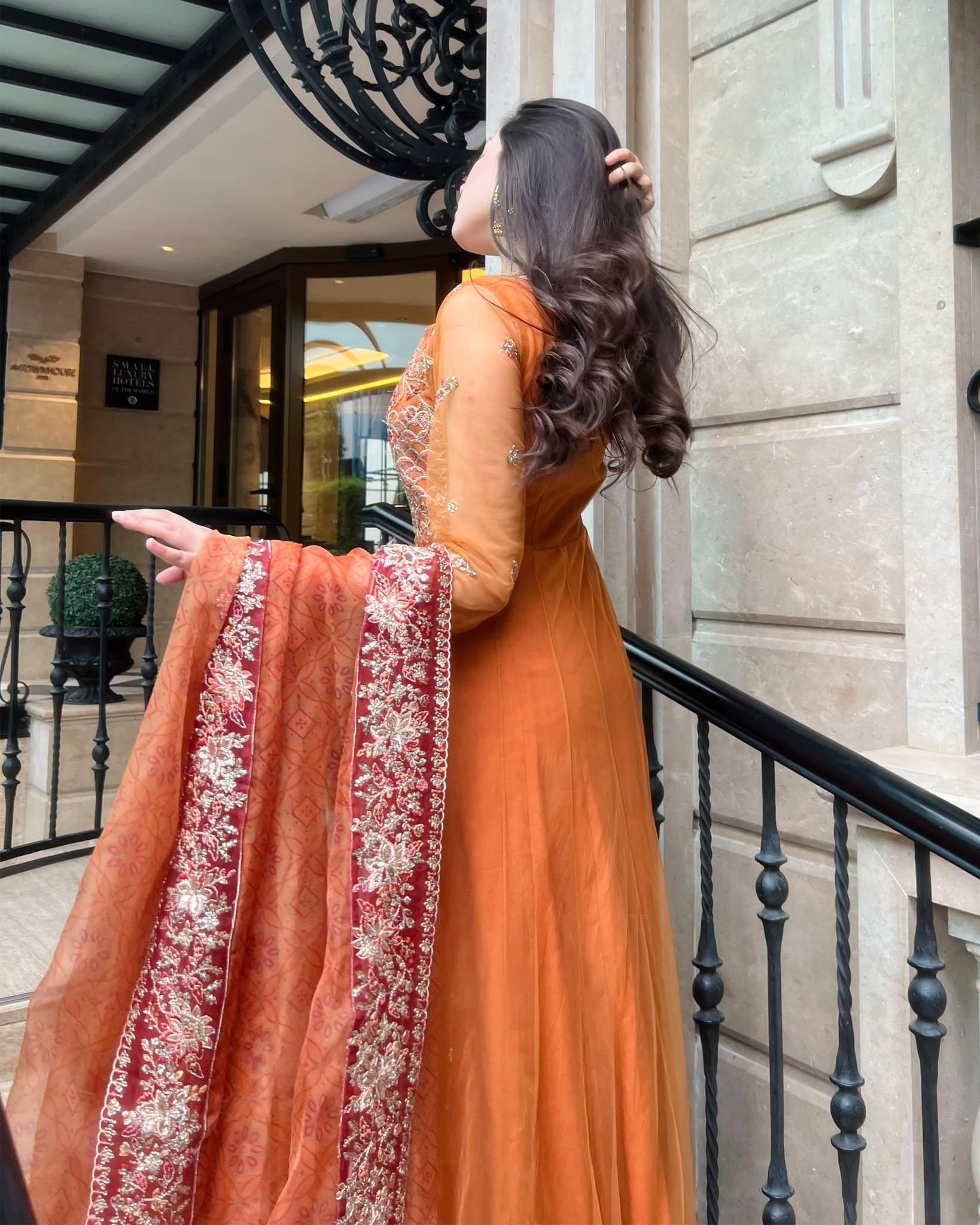 ZARYAN Brand Luxury Rust Orange Embroidered Maxi Dress with Dupatta – Women's Formal Wear