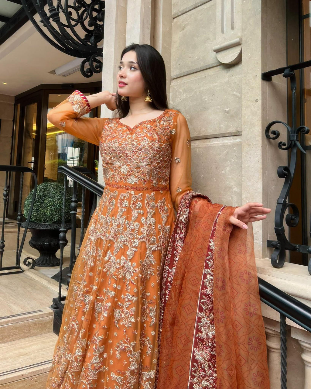 ZARYAN Brand Luxury Rust Orange Embroidered Maxi Dress with Dupatta – Women's Formal Wear