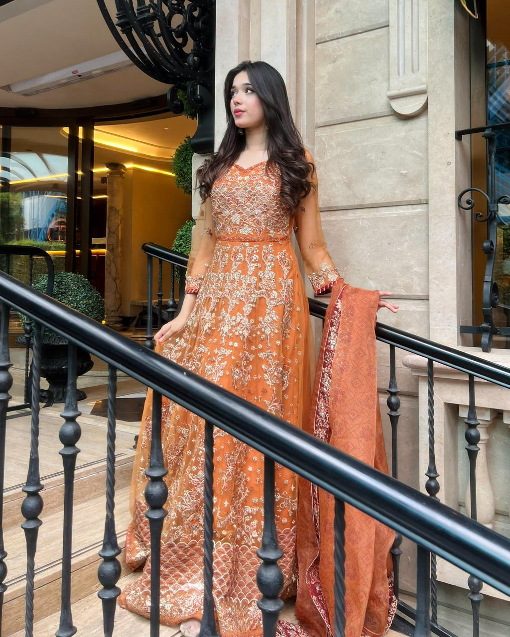 ZARYAN Brand Luxury Rust Orange Embroidered Maxi Dress with Dupatta – Women's Formal Wear