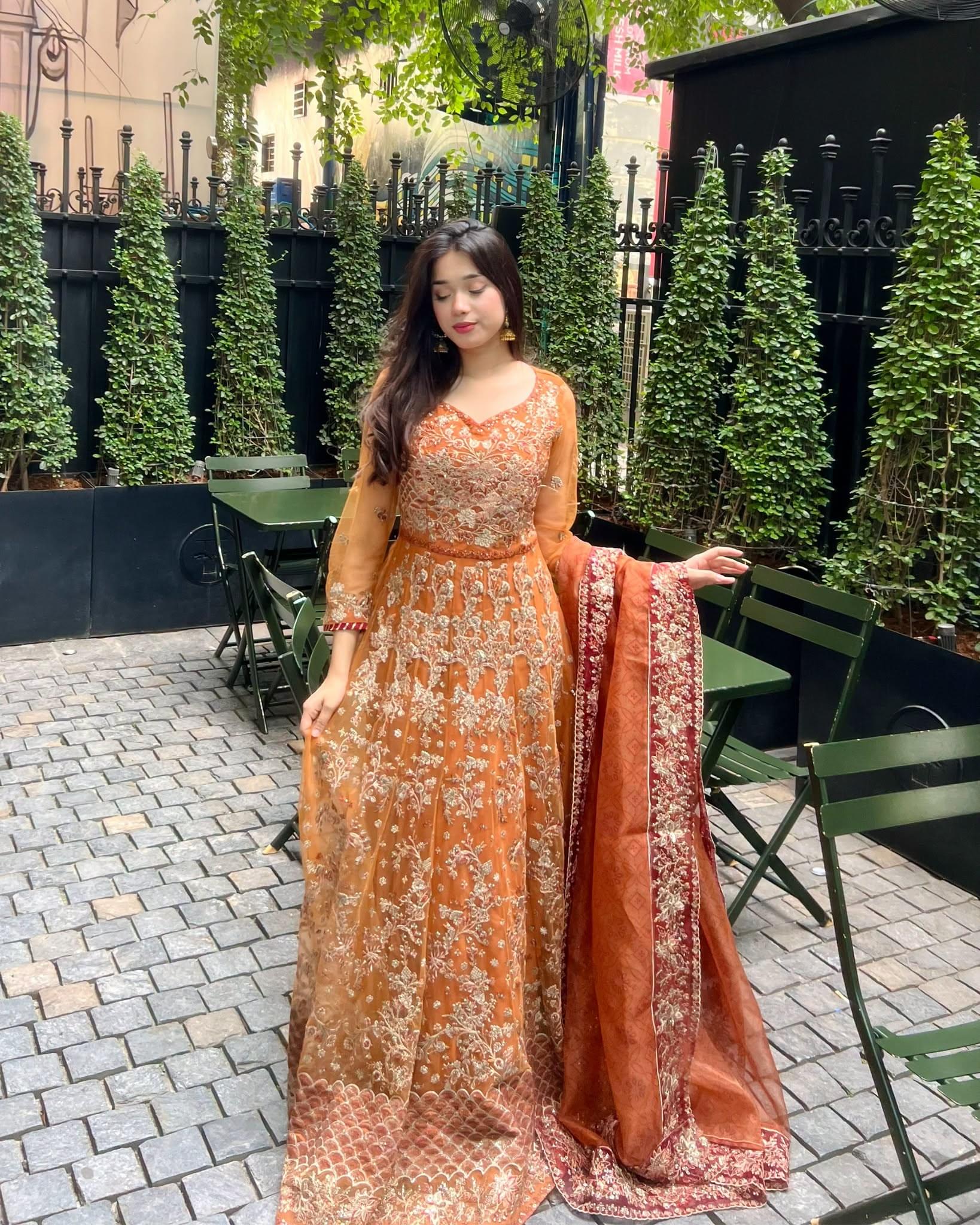 ZARYAN Brand Luxury Rust Orange Embroidered Maxi Dress with Dupatta – Women's Formal Wear