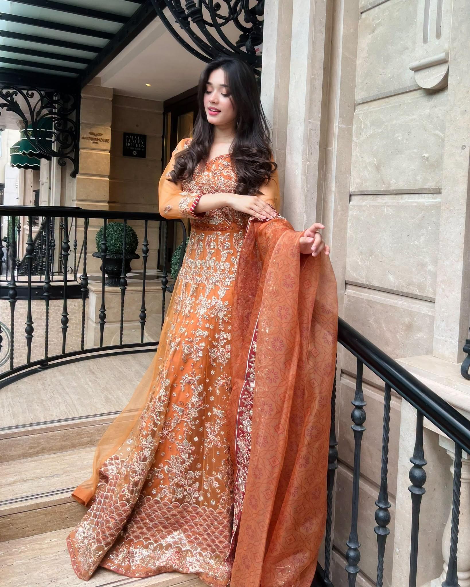 ZARYAN Brand Luxury Rust Orange Embroidered Maxi Dress with Dupatta – Women's Formal Wear
