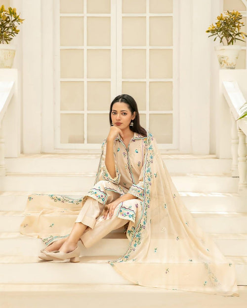 ZARYAN Brand Beige Embroidered 3-Piece Lawn Suit with Chiffon Dupatta – Women's Premium Collection