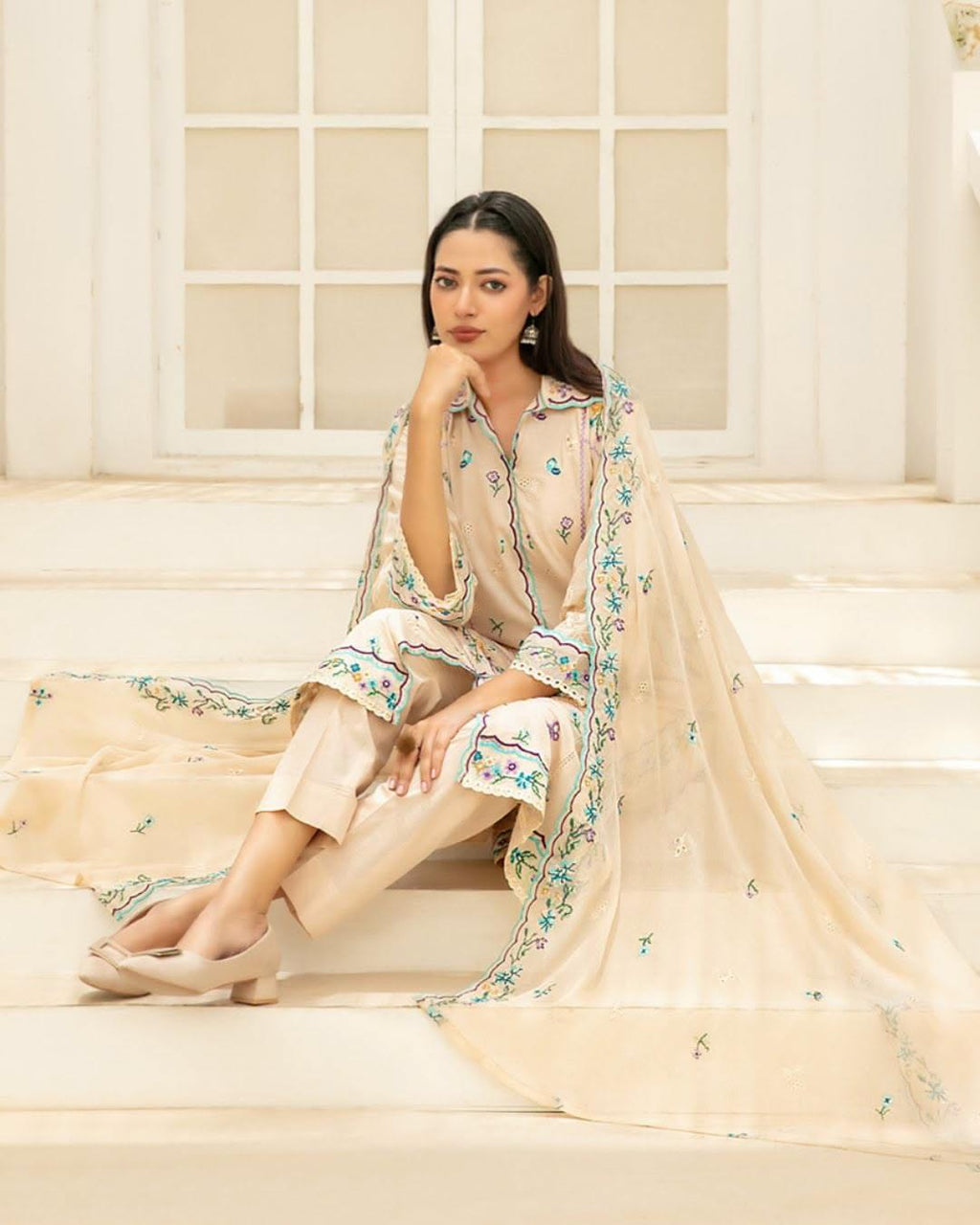 ZARYAN Brand Beige Embroidered 3-Piece Lawn Suit with Chiffon Dupatta – Women's Premium Collection