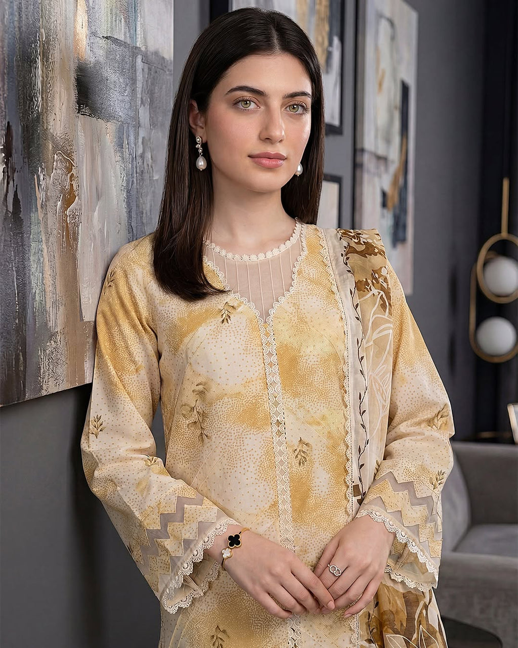Women's Premium Beige Printed Lawn 3 Piece Suit with Embroidered Lace & Printed Dupatta | ZARYAN BRAND