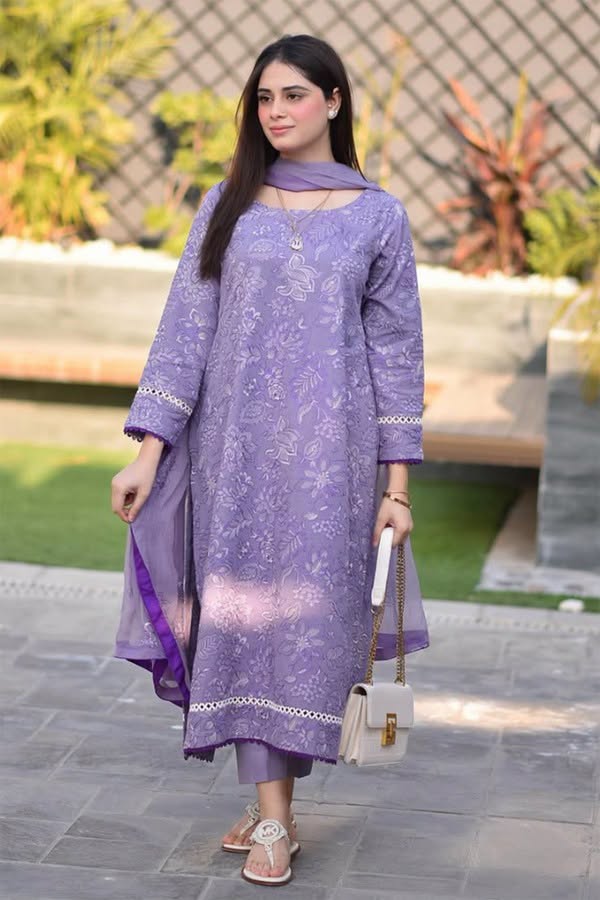 ZARYAN BRAND Women's Lavender Embroidered Lawn 3 Piece Suit | Premium Pakistani Unstitched Dress