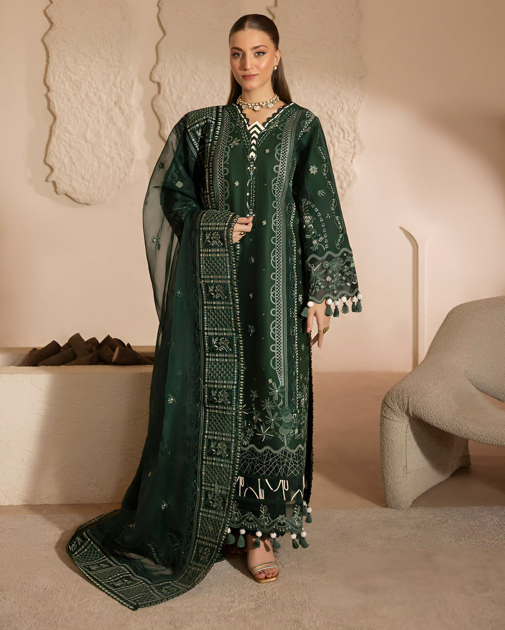 ZARYAN BRAND Women's Emerald Green Embroidered Luxury 3 Piece Suit | Premium Pakistani Dress