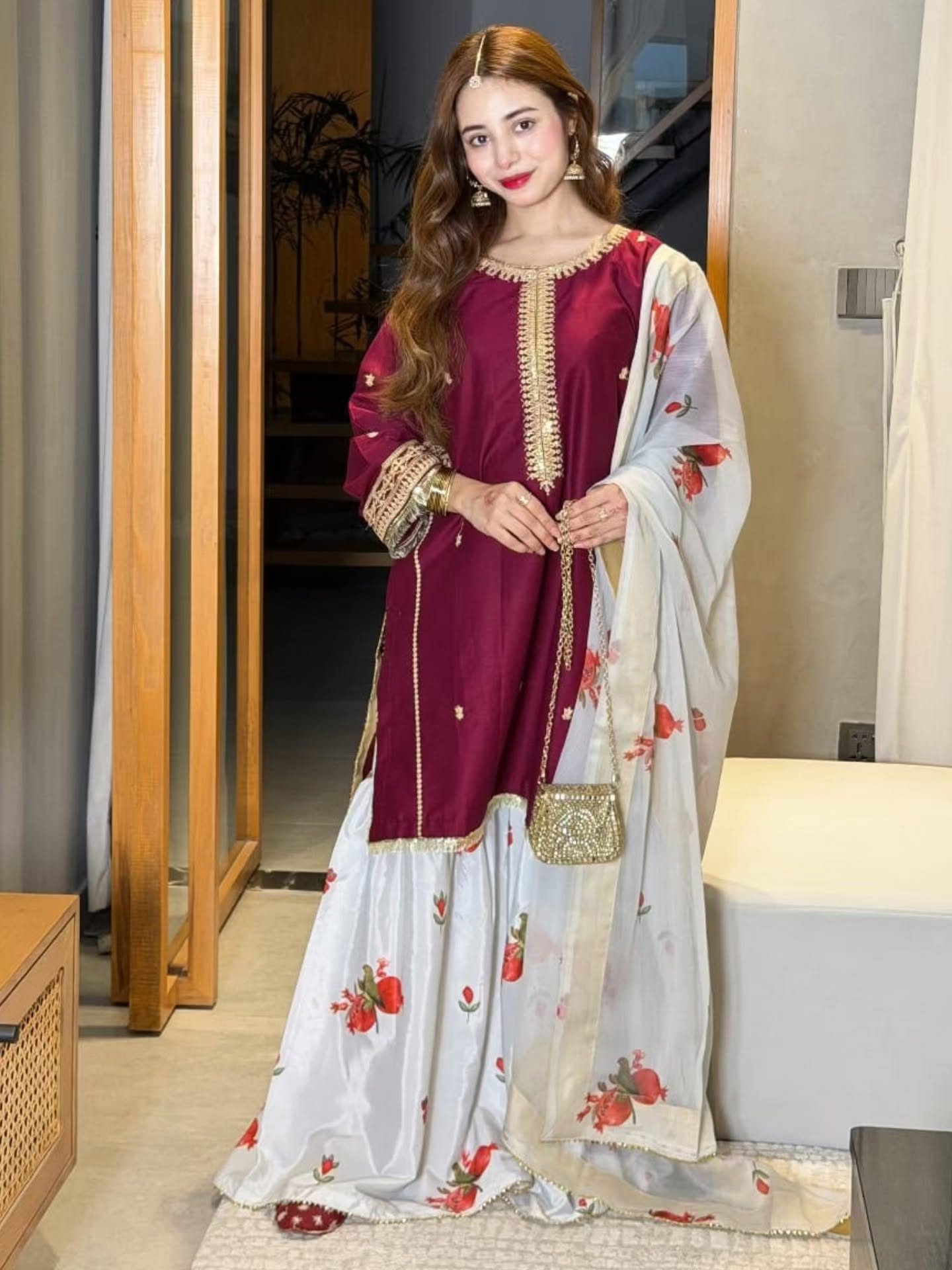 ZARYAN BRAND Women's 3-Piece Embroidered Kurti with Printed Farshi Shalwar & Organza Dupatta – Maroon & White