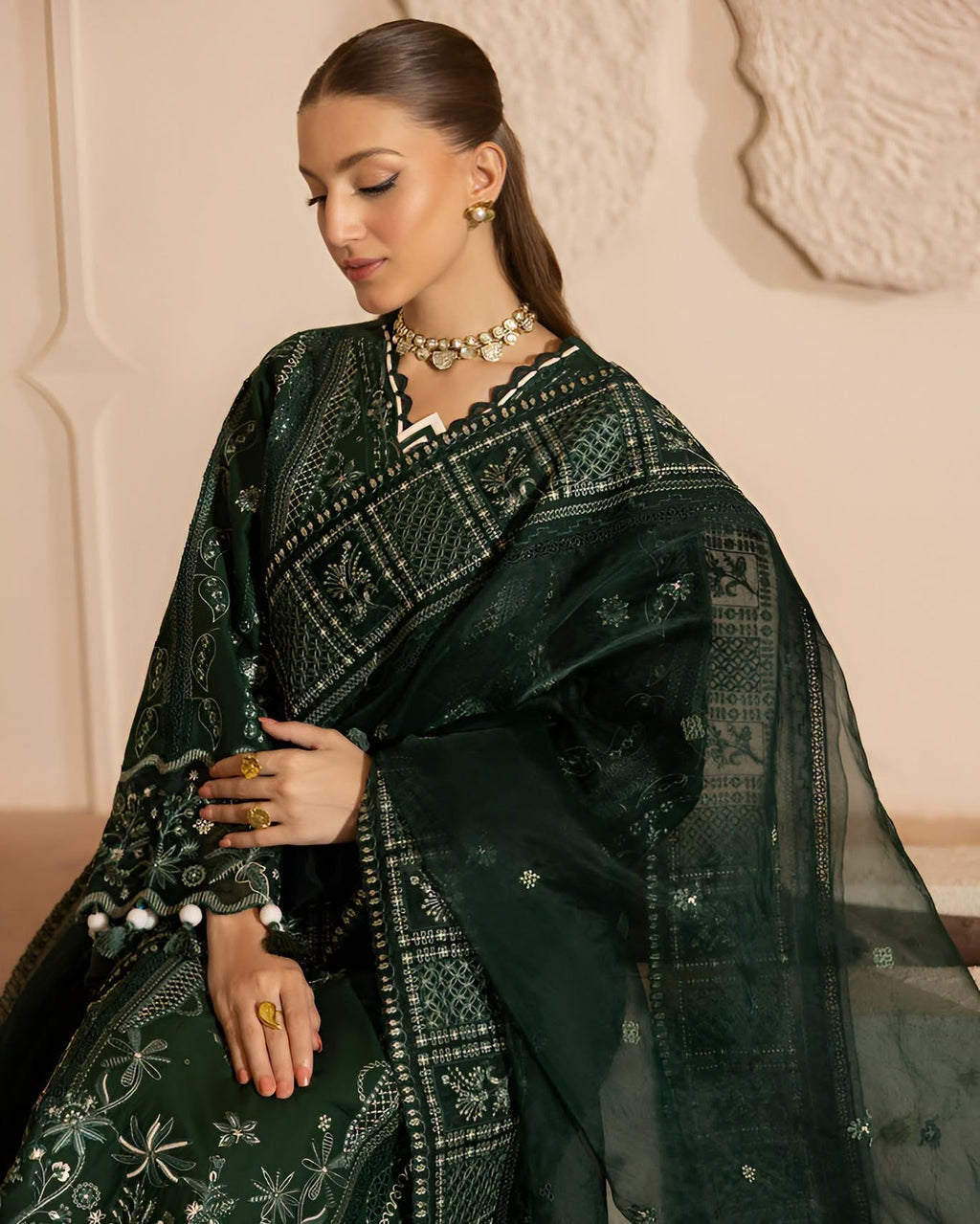 ZARYAN BRAND Women's Emerald Green Embroidered Luxury 3 Piece Suit | Premium Pakistani Dress