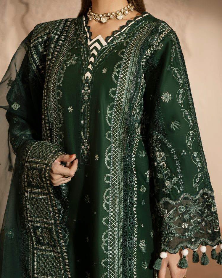 ZARYAN BRAND Women's Emerald Green Embroidered Luxury 3 Piece Suit | Premium Pakistani Dress
