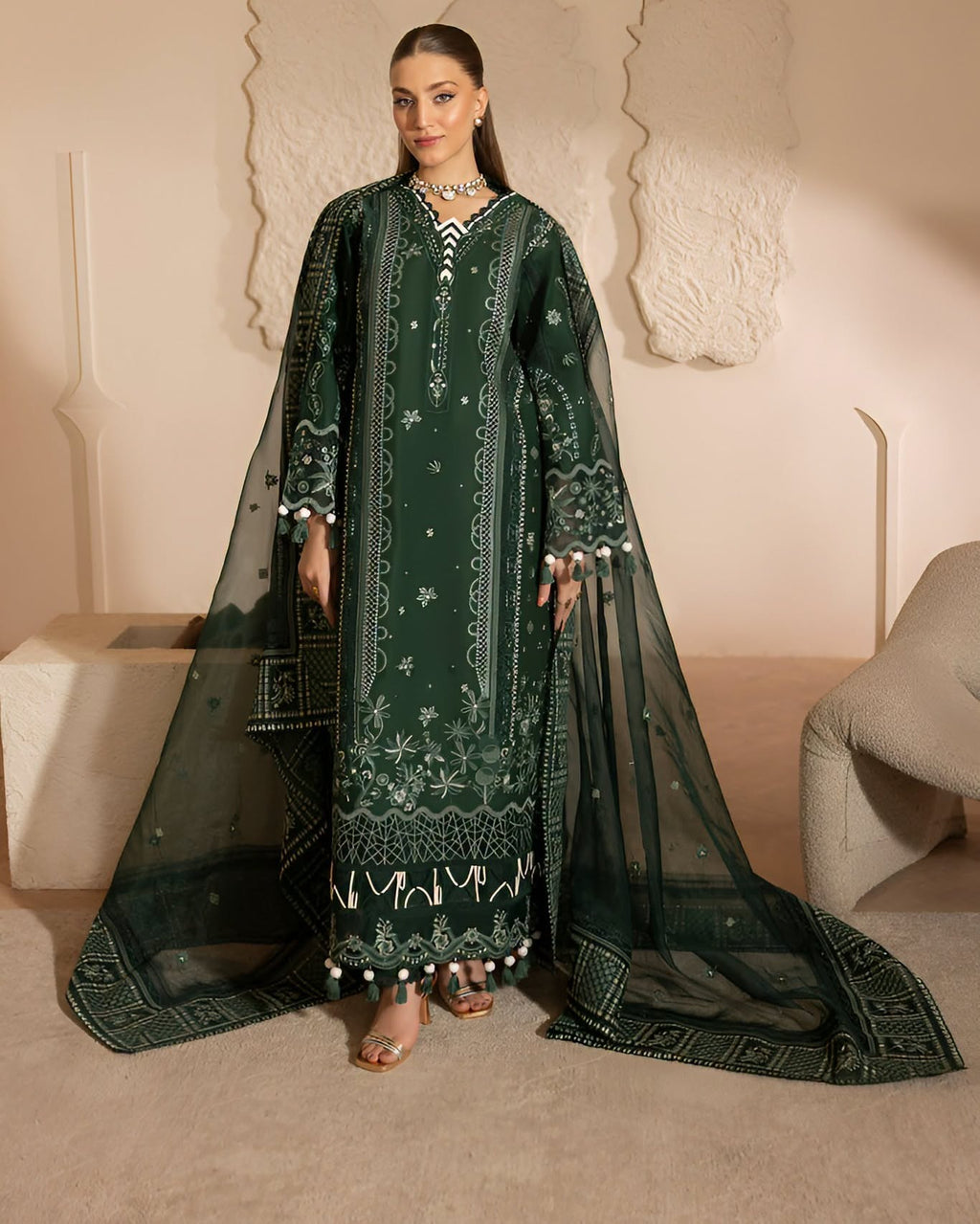 ZARYAN BRAND Women's Emerald Green Embroidered Luxury 3 Piece Suit | Premium Pakistani Dress