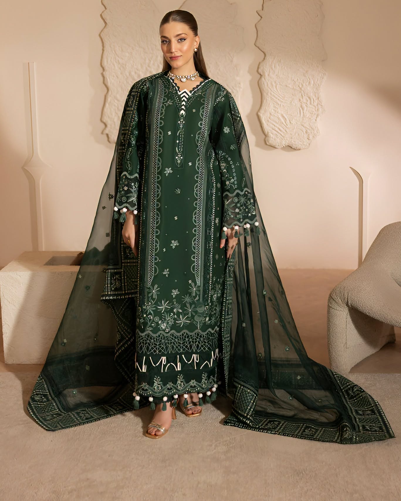 ZARYAN BRAND Women's Emerald Green Embroidered Luxury 3 Piece Suit | Premium Pakistani Dress