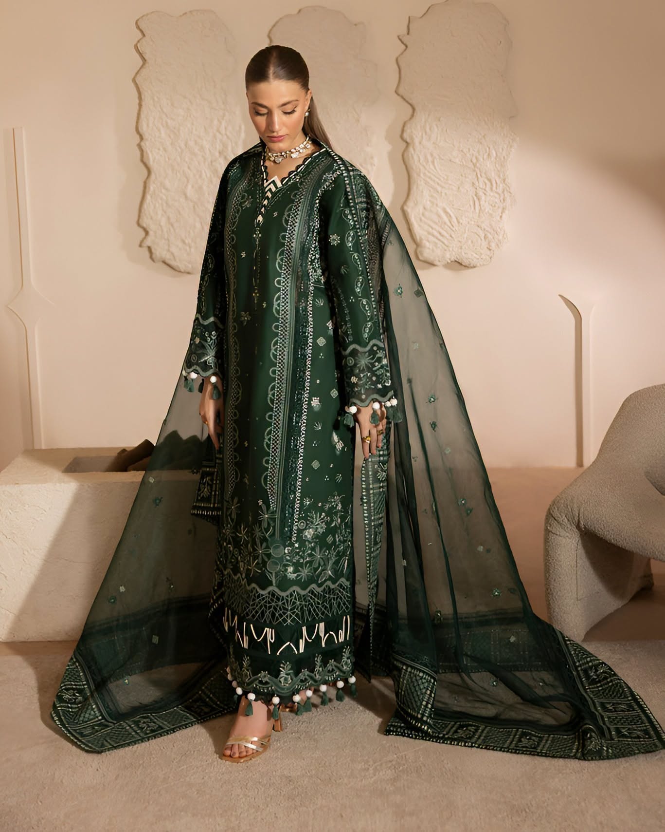 ZARYAN BRAND Women's Emerald Green Embroidered Luxury 3 Piece Suit | Premium Pakistani Dress
