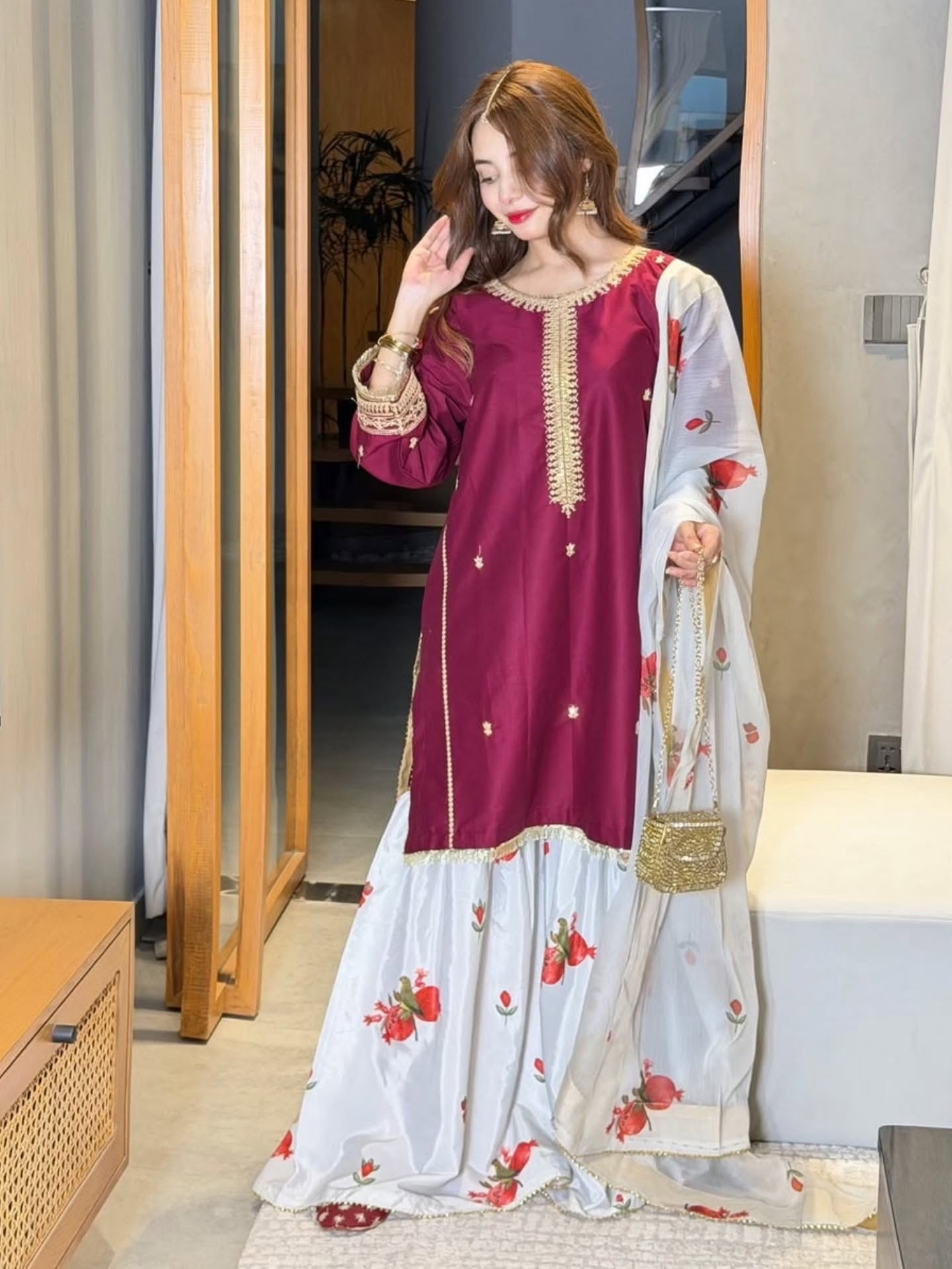 ZARYAN BRAND Women's 3-Piece Embroidered Kurti with Printed Farshi Shalwar & Organza Dupatta – Maroon & White