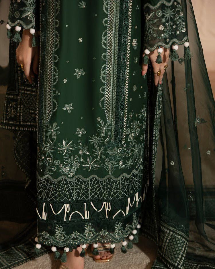 ZARYAN BRAND Women's Emerald Green Embroidered Luxury 3 Piece Suit | Premium Pakistani Dress