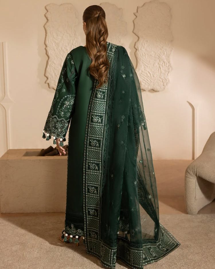 ZARYAN BRAND Women's Emerald Green Embroidered Luxury 3 Piece Suit | Premium Pakistani Dress