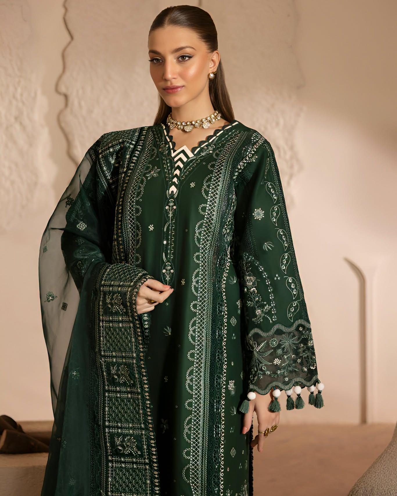 ZARYAN BRAND Women's Emerald Green Embroidered Luxury 3 Piece Suit | Premium Pakistani Dress