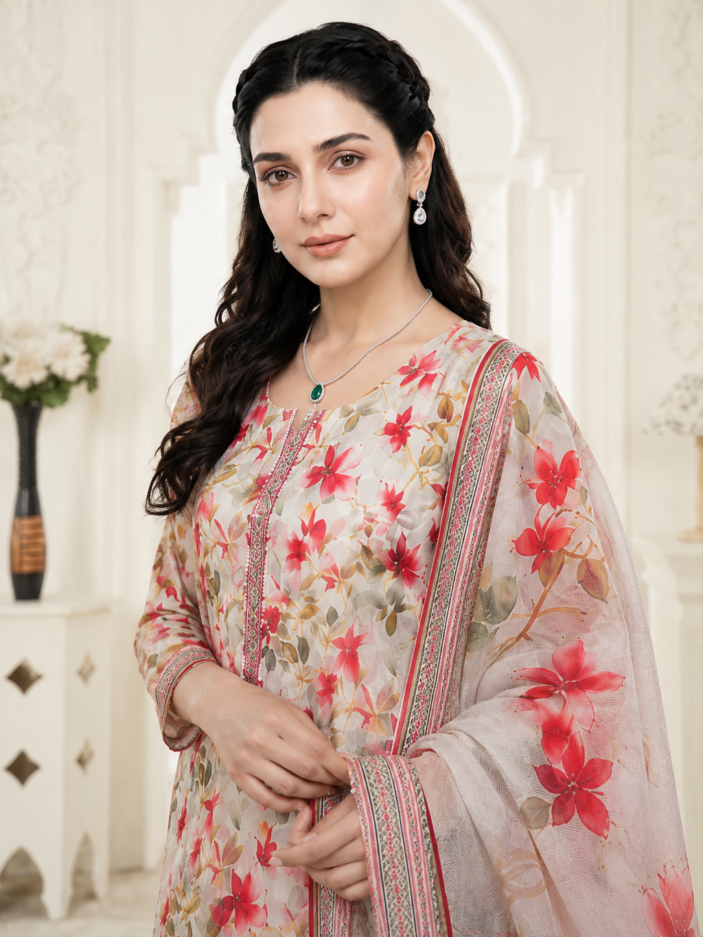 Beige Floral Printed Premium 3 Piece Unstitched Suit