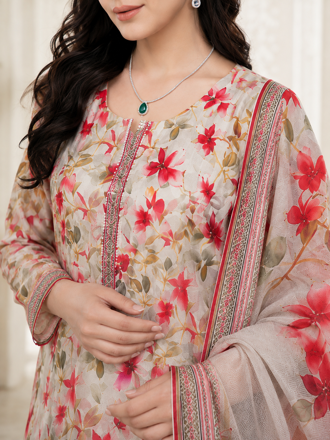 Beige Floral Printed Premium 3 Piece Unstitched Suit