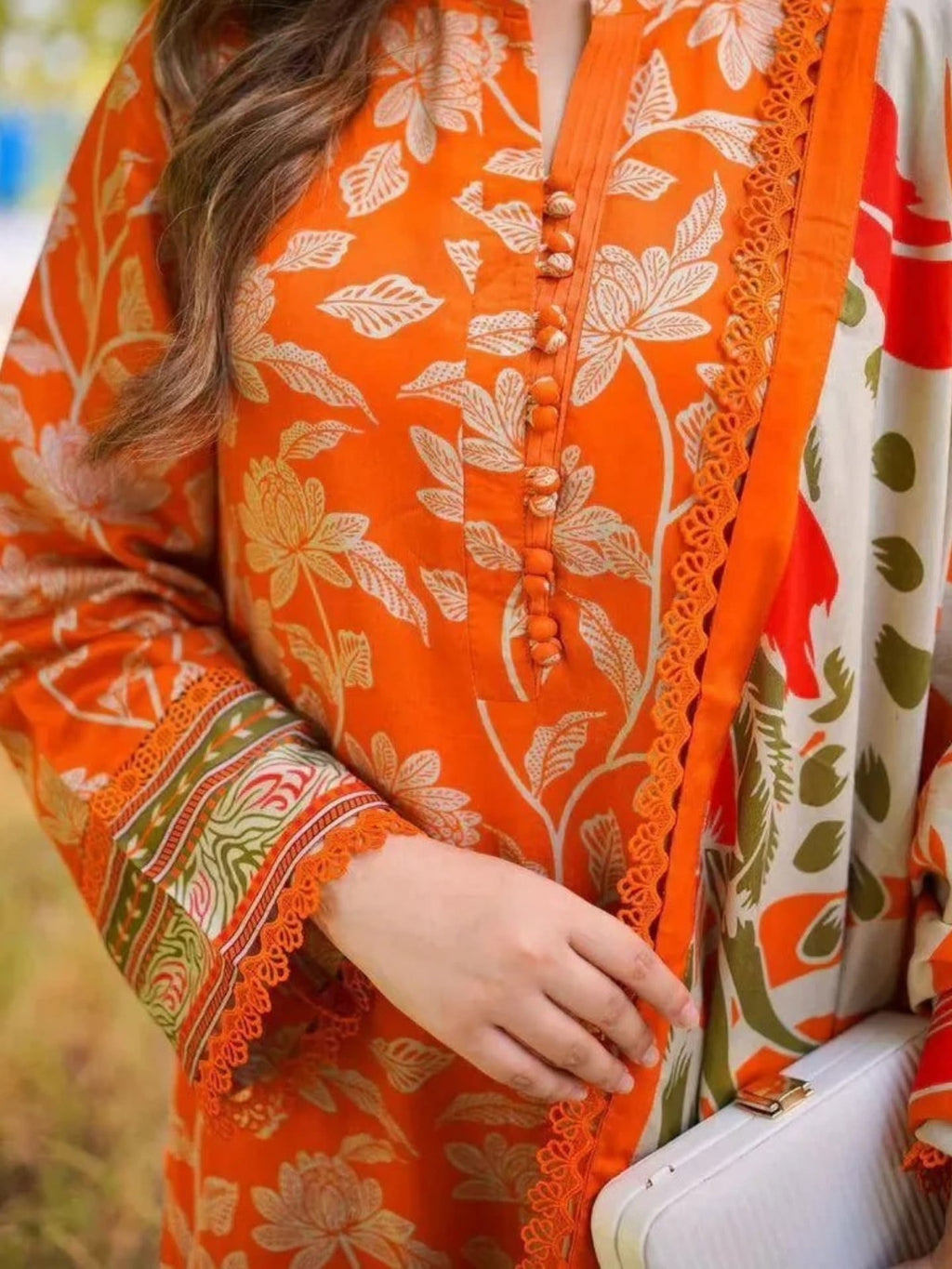 Orange Floral Printed Premium 3 Piece Suit