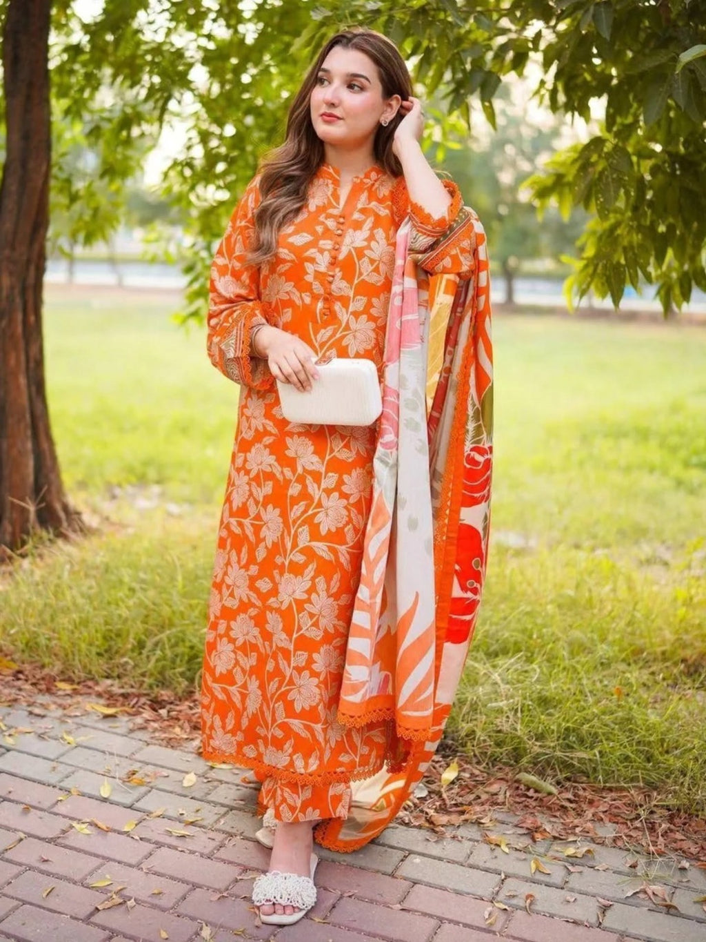 Orange Floral Printed Premium 3 Piece Suit