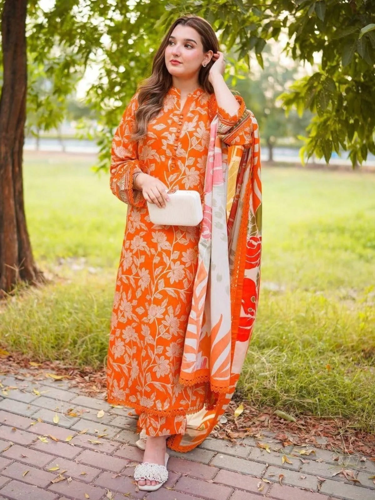 Orange Floral Printed Premium 3 Piece Suit