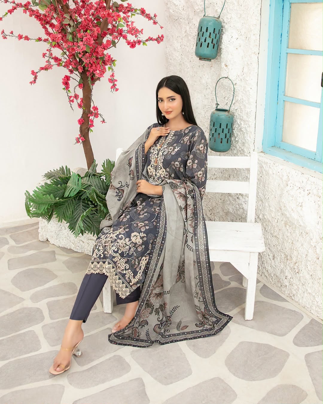 Charcoal Grey Floral Printed Premium 3 Piece Unstitched Suit