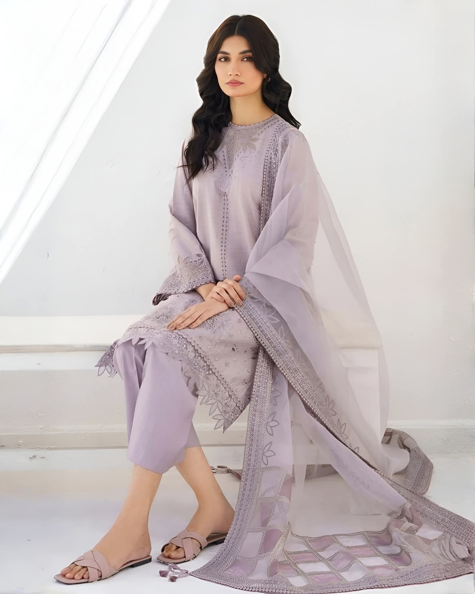 Lilac Embroidered 3 Piece Suit for Women